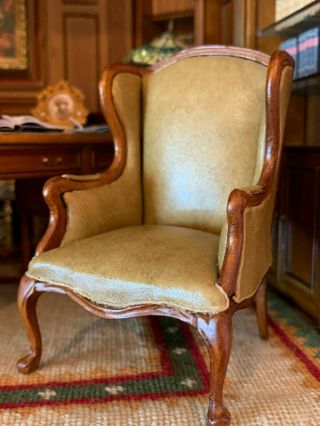 Vintage Miniature Dollhouse Artisan Early Bespaq Leather Wood Wing Back Chair