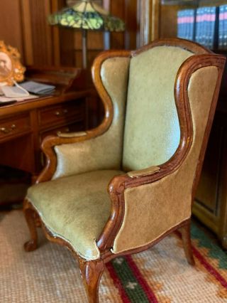 Vintage Miniature Dollhouse Artisan EARLY Bespaq Leather Wood Wing Back Chair 5