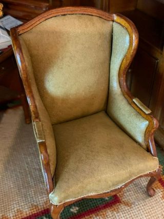 Vintage Miniature Dollhouse Artisan EARLY Bespaq Leather Wood Wing Back Chair 6