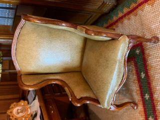 Vintage Miniature Dollhouse Artisan EARLY Bespaq Leather Wood Wing Back Chair 8