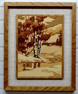 Robert Sutton Vintage Marquetry Inlaid Wood Framed Art / Butler Pennsylvania
