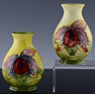 Pair Vintage Moorcroft Pottery Orchid Pattern Small / Miniature Vases