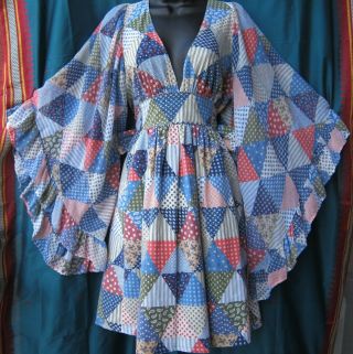 Vintage 70s Gunne Sax Style Boho Hippie Blue Triangle Patches Prairie Midi - Dress