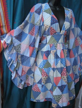 Vintage 70s Gunne Sax Style Boho Hippie Blue Triangle Patches Prairie Midi - Dress 3