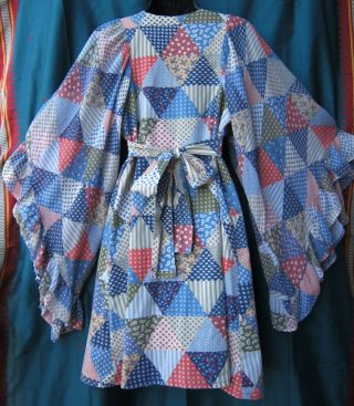 Vintage 70s Gunne Sax Style Boho Hippie Blue Triangle Patches Prairie Midi - Dress 8