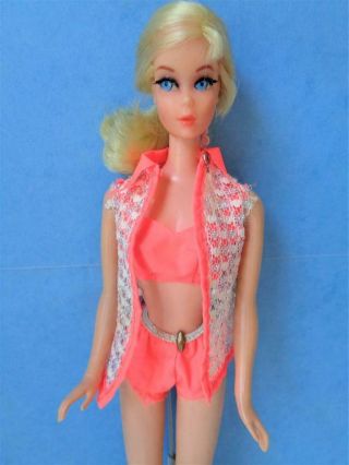 1969 Talking Barbie Doll In Orange Swimsuit Blonde Ponytail Mute N/mint