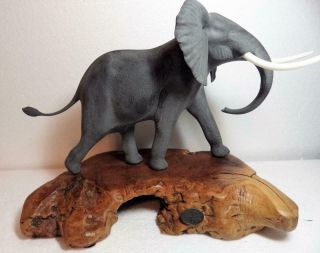 Vintage John Perry African Bull Elephant Sculpture Burled Wood Base