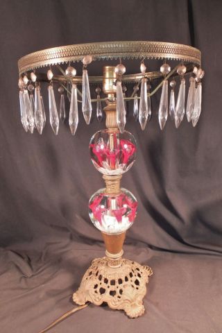 Vtg St.  Clair Deep Red Trumpet Flower Paperweight Art Glass Table Lamp