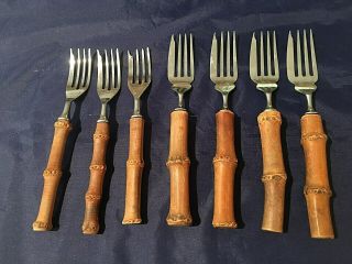 7 Vtg Natural Tiki Bamboo Handled Forks 4 Dinner Forks & 3 Salad Forks Stainless