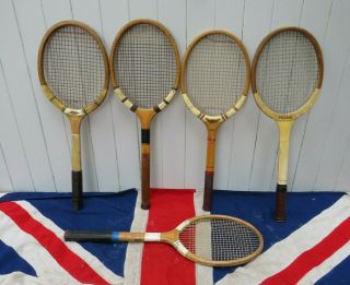 5 Antique Vintage Wooden Lawn Tennis Rackets Wimbledon Summertime Vm Display