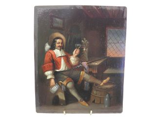 Antique 19th Century Oil Painting On Tin Portrait Of A Cavalier Drinking Wine