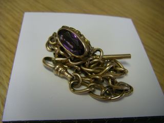 Antique F&b Gold Filled Pocket Watch Holder Chain & Fob W/ Purple Amethyst Stone