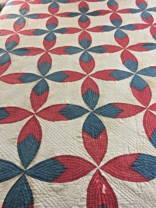 Outstanding Hand Quilting Vintage Antique Red & Blue Dogwood Quilt 81 " X 79 "