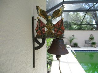 Vtg Cast Iron Bell Wall Hung Dinner Bell Southern Flags & Eagle Unusual