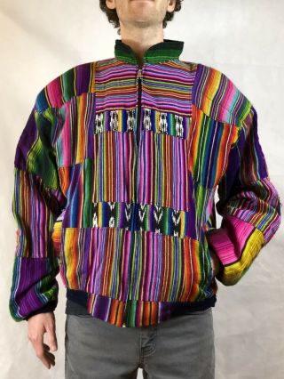 Vtg Mens Mexican Serape Multi Color Blanket Zip Up Jacket Baja Drug Rug Lined Xl
