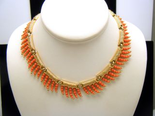 Crown Trifari Vintage Necklace 1957 Whirlwind Scarce Coral Lucite Gold Tone