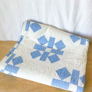 Vintage Quilt Cornflower Blue & White Apx 1940s Hand Sewn In Fair Shape -