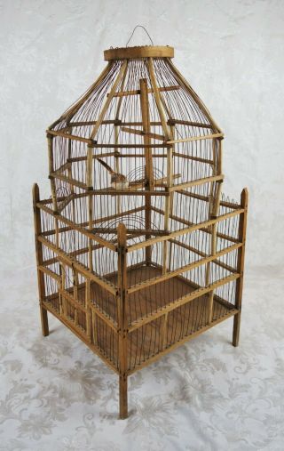 Vintage Antique Hand Crafted Wood And Wire Birdcage Aviary Pet Bird House Cage