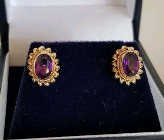 Vintage 9ct Yellow Gold Stud Earrings.  Collet Set With Amethyst.  Birmingham 1992.