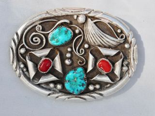 Large Vintage Navajo Sterling Silver Coral Turquoise Belt Buckle Signed 5