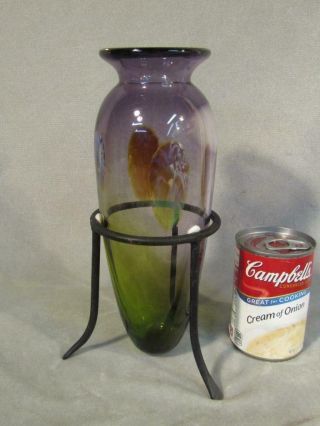 Vintage 10 " Salamandra (nh) Decorated Studio Glass Vase In Iron Holder