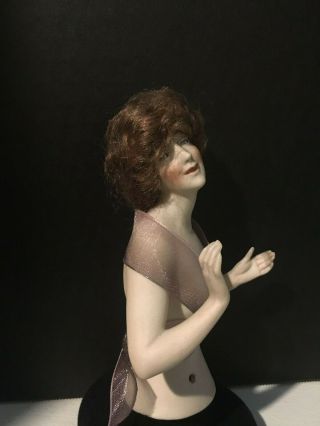 German Antique Nude Bisque Half Doll Pin Cushion With Wig