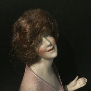 German Antique Nude Bisque Half Doll Pin Cushion with Wig 4