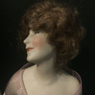 German Antique Nude Bisque Half Doll Pin Cushion with Wig 5
