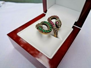 Vintage Sterling Silver Emerald Diamond Paste & Real Ruby Snake Sweetheart Ring