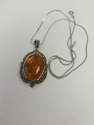 Vintage Sterling Necklace With Amber And Marcasite Pendant 20 " Long