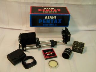 Vtg Asahi Pentax Auto Bellows Ll W/ Slide Copier,  Filter,  Lens Hood,  Extensions