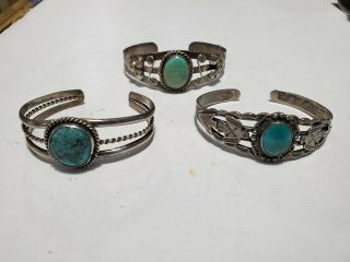 3 Vintage Navajo Native Sterling Silver Turquoise Coral Cuff Bracelets