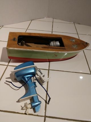Vtg Japan Toy Wooden Boat With Outboard Motor Battery Operated,  Boat