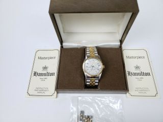 Vtg Hamilton Masterpiece Masonic Mason Quartz Ss Stainless Steel Wristwatch