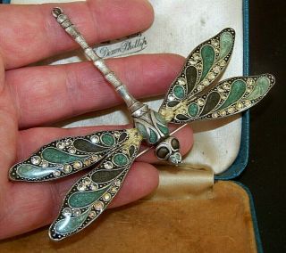 Vintage Pierre Bex Jewelery Lrg Art Deco Enamel Rhinestone Dragonfly Brooch Pin