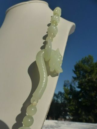 GORGEOUS Vintage Chinese Carved Light Green Jade Beaded Necklace w/ Dragon Head 5