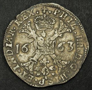 1663,  Spanish Netherlands,  Flanders,  Philip Iv.  Rare Silver Patagon Coin.  Bruges