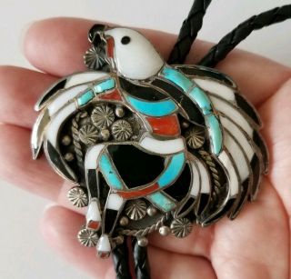 Rare Signed John Lucio Zuni Eagle Dancer Inlay Old Bolo Tie Sterling Turquoise