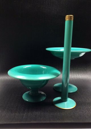 Vintage Cambridge Glass Opaque Jade Green Stick Vase & 2 Compotes