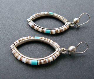 Vintage Sterling Silver Turquoise Shell Heishi Beaded Marquise Dangle Earrings