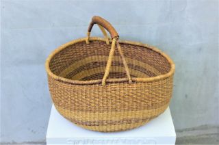 Vintage African Woven Basket With Leather Handle For Storage,  Market Basket
