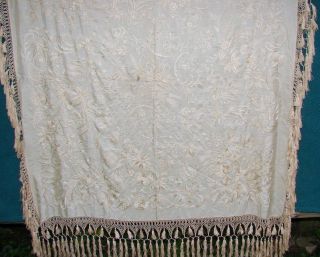 Vintage/antique Embroidered Silk Piano Shawl - Ivory On Ivory Double Knotted