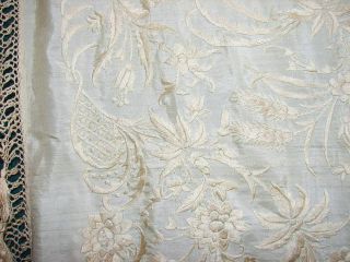 Vintage/Antique Embroidered Silk Piano Shawl - Ivory on Ivory Double Knotted 6