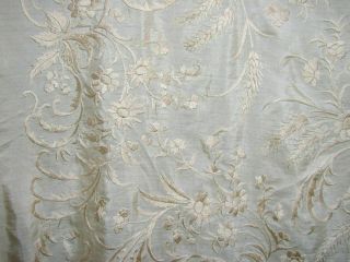 Vintage/Antique Embroidered Silk Piano Shawl - Ivory on Ivory Double Knotted 7
