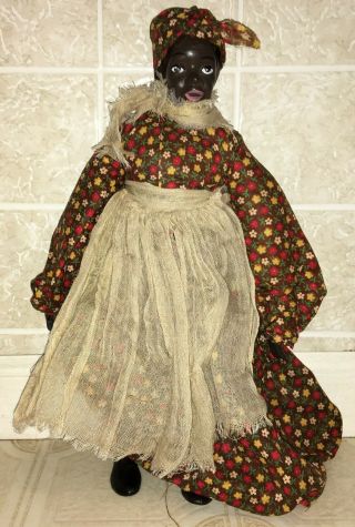 Vintage Porcelain African American Black Doll 14 " Painted Cloth Body Folk Art