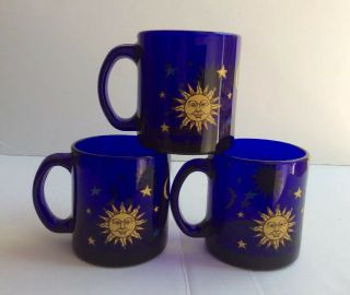 Set 3 Heavy Vtg Cobalt Blue Glass Celestial Sun Moon Stars Mug/cup Made In Usa