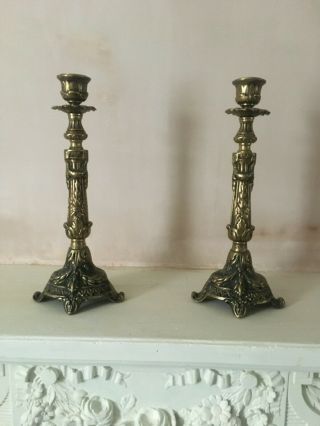 Heavy Vintage Solid Gilt Brass Ornate Candlesticks Candle Holders