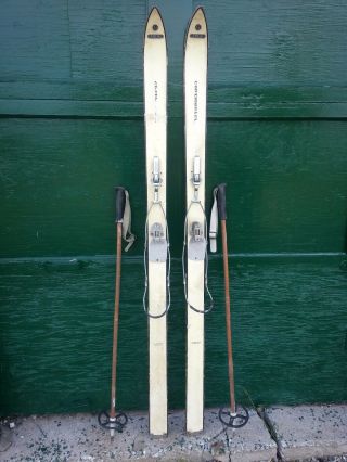 Vintage Wooden 59 " Skis With Bindings Has White Finish