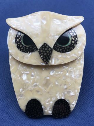 Vintage Lea Stein Owl Pin Brooch In Pearlised Cream.  Green And Gold Detailing