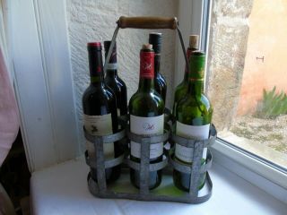 French Vintage Metal Galvanize Wine Carrier For 6 Bottles Wood Handle